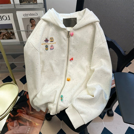 Milk fufu lazy cute SpongeBob embroidered sweatshirt men and women spring and autumn Hong Kong style small hooded jacket cardigan