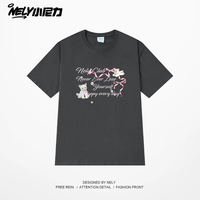 NELY American letter bow short-sleeved men's and women's design T-shirt pure cotton loose couple tops trendy