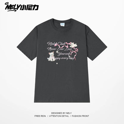 NELY American letter bow short-sleeved men's and women's design T-shirt pure cotton loose couple tops trendy