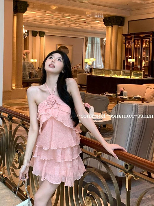 French pink flower halter neck suspender dress for women summer new loose backless sleeveless temperament cake skirt