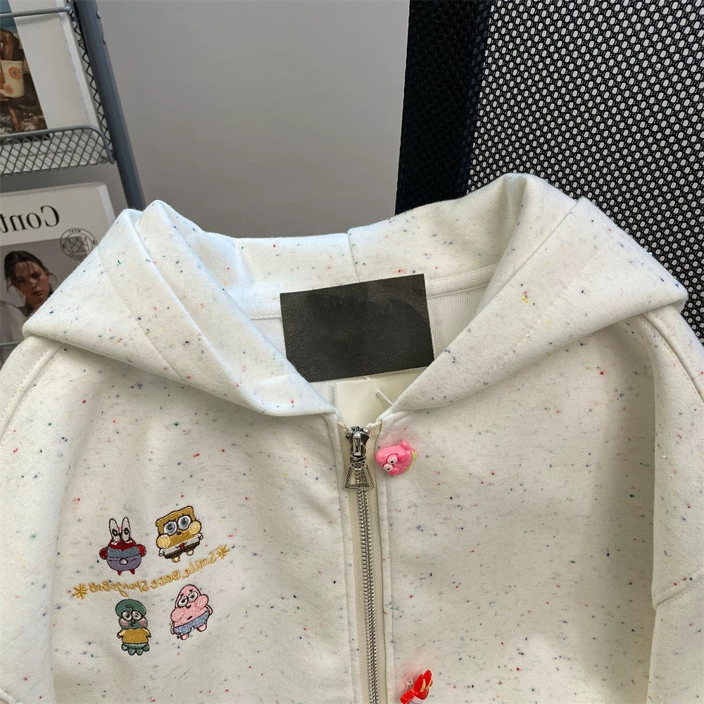 Milk fufu lazy cute SpongeBob embroidered sweatshirt men and women spring and autumn Hong Kong style small hooded jacket cardigan