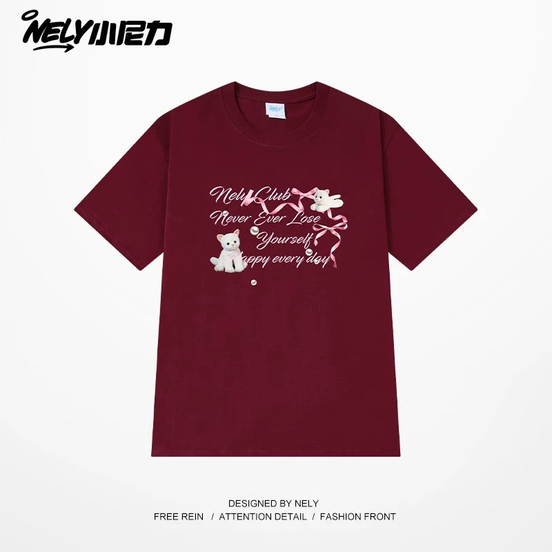 NELY American letter bow short-sleeved men's and women's design T-shirt pure cotton loose couple tops trendy