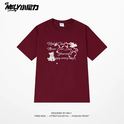 NELY American letter bow short-sleeved men's and women's design T-shirt pure cotton loose couple tops trendy