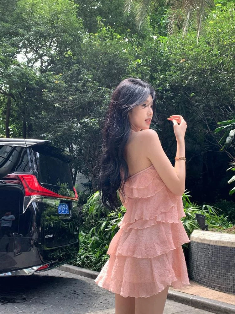 French pink flower halter neck suspender dress for women summer new loose backless sleeveless temperament cake skirt
