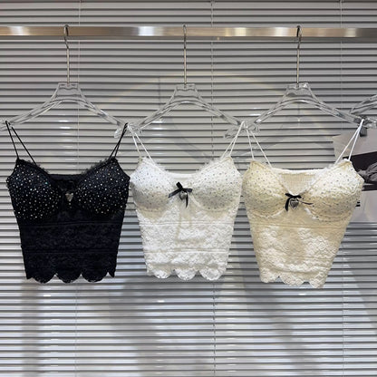 [In Stock] 2026 Spring New Style-Style Heart Bow Rhinestone Crochet Bra Pads Elegant Camisole