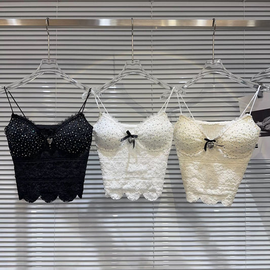 [In Stock] 2026 Spring New Style-Style Heart Bow Rhinestone Crochet Bra Pads Elegant Camisole