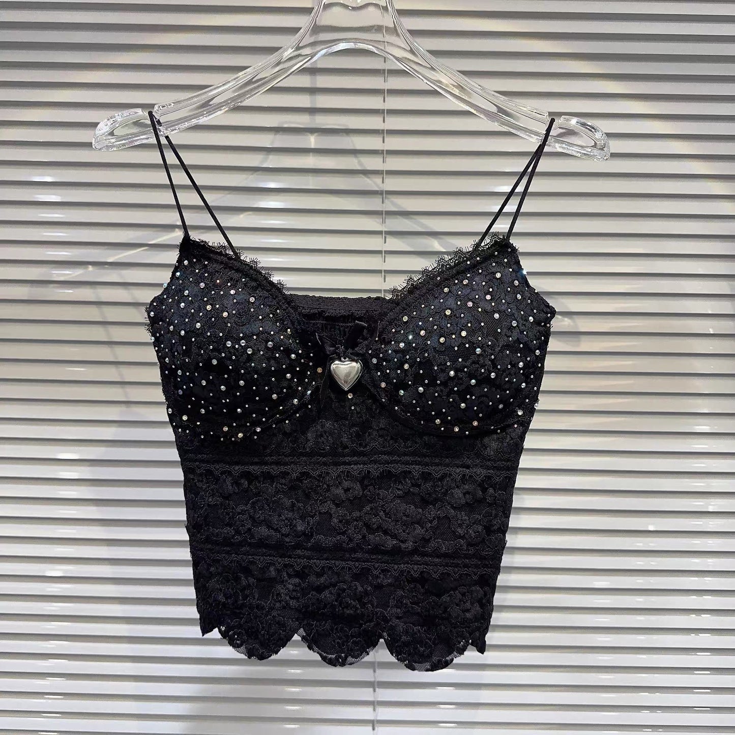 [In Stock] 2026 Spring New Style-Style Heart Bow Rhinestone Crochet Bra Pads Elegant Camisole