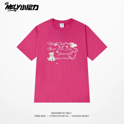 NELY American letter bow short-sleeved men's and women's design T-shirt pure cotton loose couple tops trendy