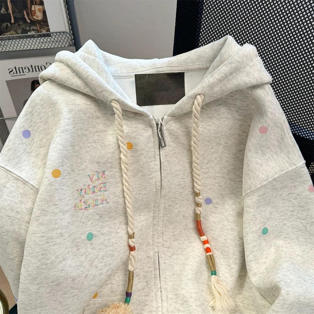 High-end and beautiful colorful polka dot bear sweatshirt cardigan for men and women spring and autumn college style cute petite jacket