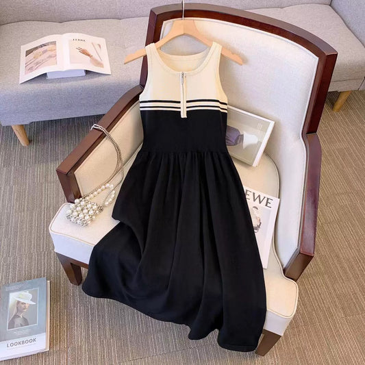 ins Hong Kong style striped sleeveless tank top women's summer gentle style little black skirt design pure desire zipper knitted A-line skirt