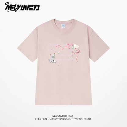 NELY American letter bow short-sleeved men's and women's design T-shirt pure cotton loose couple tops trendy