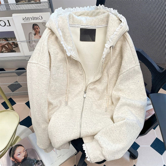 Korean style niche beaded embroidered bow sweater cardigan men and women autumn and winter design lace splicing hooded jacket