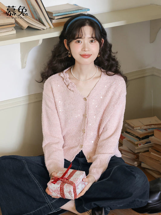 MuTu Gentle Pink V-Neck Cardigan Sweater for Women, 2025 Autumn New Style, Sweet Three-Dimensional Floral Knit Top