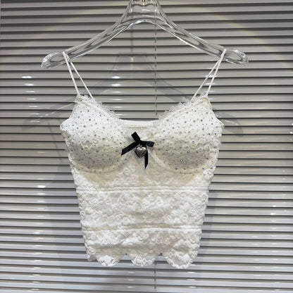 [In Stock] 2026 Spring New Style-Style Heart Bow Rhinestone Crochet Bra Pads Elegant Camisole