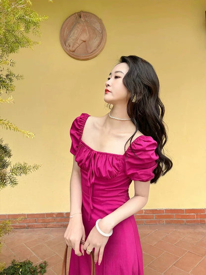 French high-end square collar chic puff sleeve tube top dress for women summer new high-waist slim slit long skirt