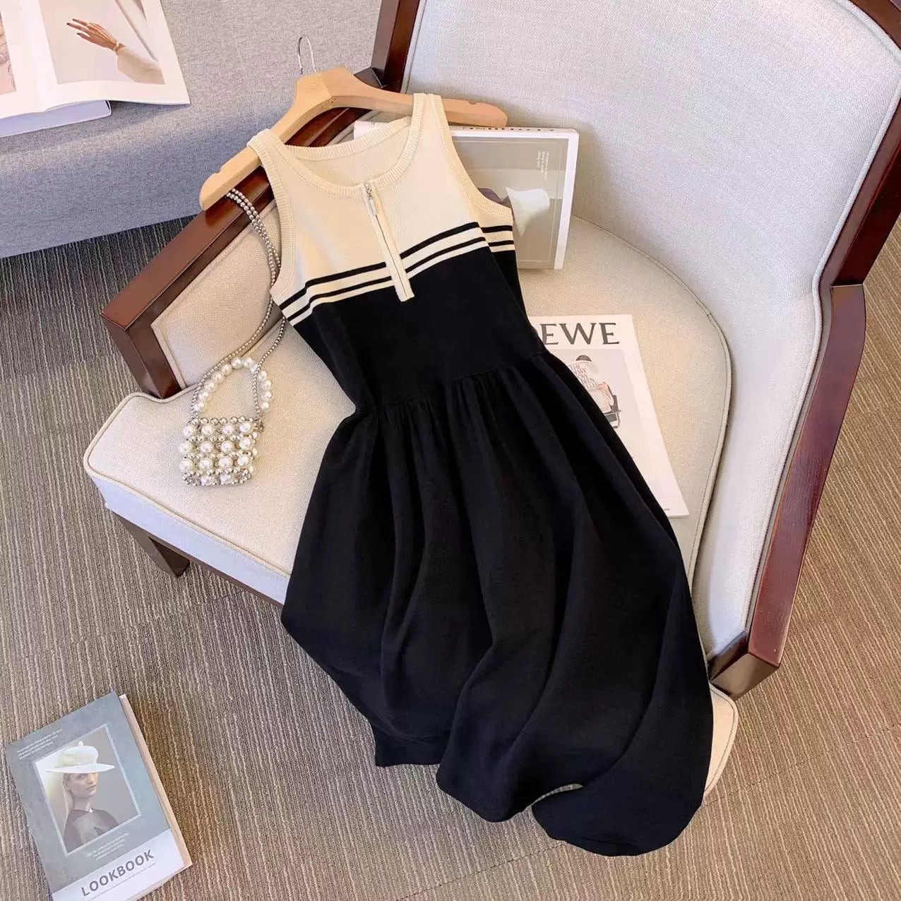 ins Hong Kong style striped sleeveless tank top women's summer gentle style little black skirt design pure desire zipper knitted A-line skirt