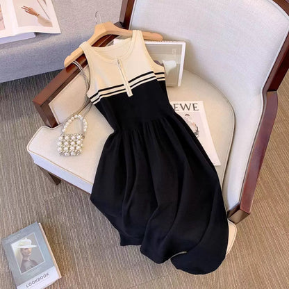 ins Hong Kong style striped sleeveless tank top women's summer gentle style little black skirt design pure desire zipper knitted A-line skirt