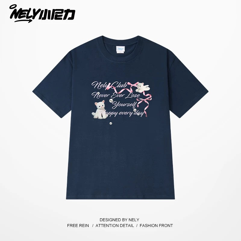 NELY American letter bow short-sleeved men's and women's design T-shirt pure cotton loose couple tops trendy