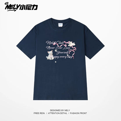 NELY American letter bow short-sleeved men's and women's design T-shirt pure cotton loose couple tops trendy