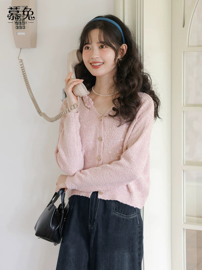 MuTu Gentle Pink V-Neck Cardigan Sweater for Women, 2025 Autumn New Style, Sweet Three-Dimensional Floral Knit Top