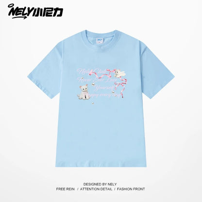 NELY American letter bow short-sleeved men's and women's design T-shirt pure cotton loose couple tops trendy