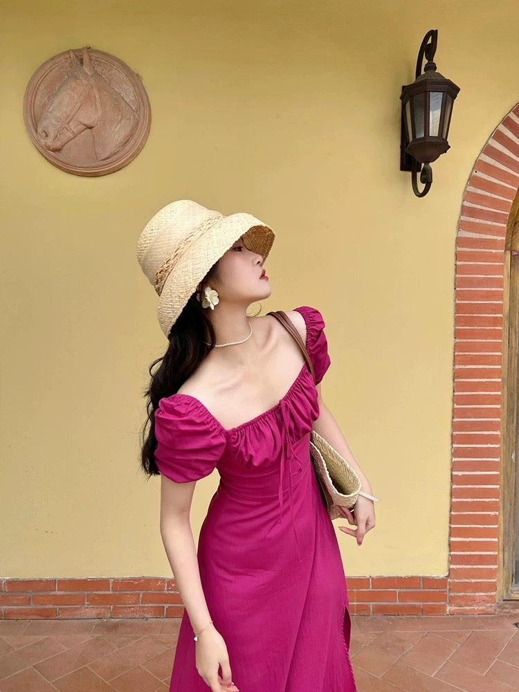French high-end square collar chic puff sleeve tube top dress for women summer new high-waist slim slit long skirt
