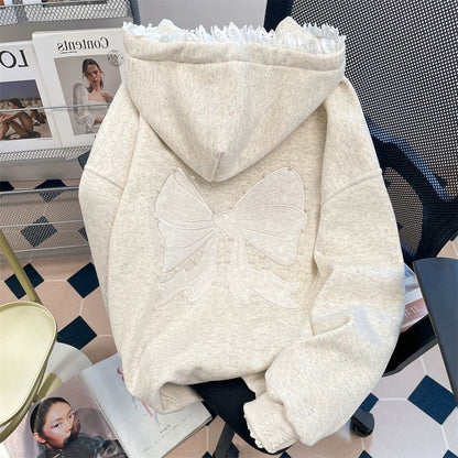 Korean style niche beaded embroidered bow sweater cardigan men and women autumn and winter design lace splicing hooded jacket