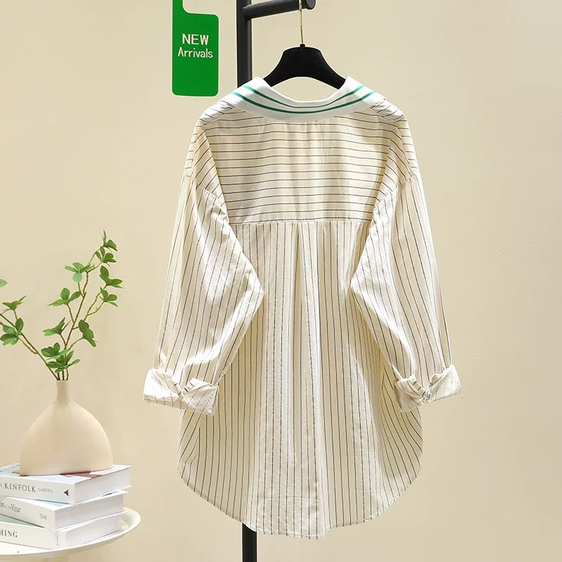 Design niche blue striped shirt women's jacket 2024 early autumn new loose slimming age-reducing shirt top