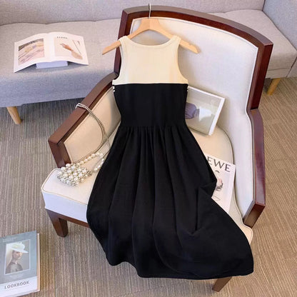ins Hong Kong style striped sleeveless tank top women's summer gentle style little black skirt design pure desire zipper knitted A-line skirt