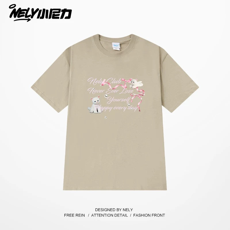 NELY American letter bow short-sleeved men's and women's design T-shirt pure cotton loose couple tops trendy