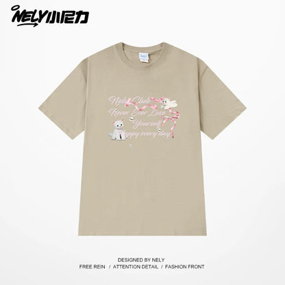 NELY American letter bow short-sleeved men's and women's design T-shirt pure cotton loose couple tops trendy