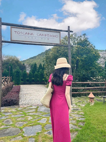French high-end square collar chic puff sleeve tube top dress for women summer new high-waist slim slit long skirt
