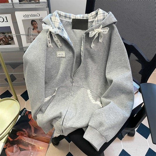 High-end and beautiful lace bow hooded sweatshirt for men and women spring and autumn college style pattern splicing jacket cardigan