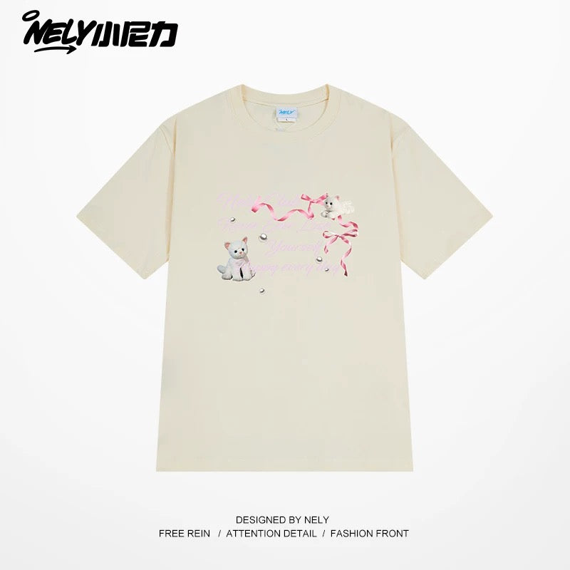 NELY American letter bow short-sleeved men's and women's design T-shirt pure cotton loose couple tops trendy