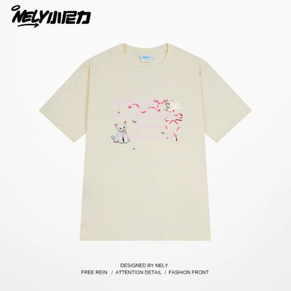 NELY American letter bow short-sleeved men's and women's design T-shirt pure cotton loose couple tops trendy