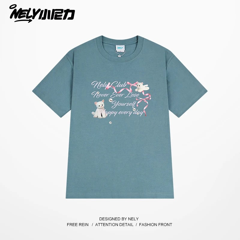 NELY American letter bow short-sleeved men's and women's design T-shirt pure cotton loose couple tops trendy