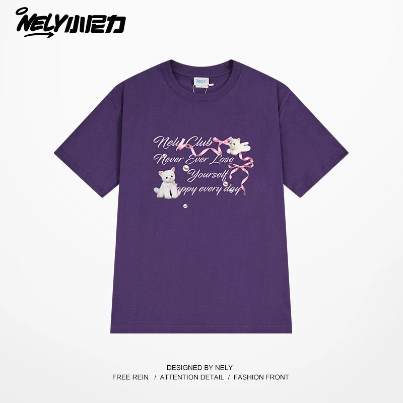 NELY American letter bow short-sleeved men's and women's design T-shirt pure cotton loose couple tops trendy