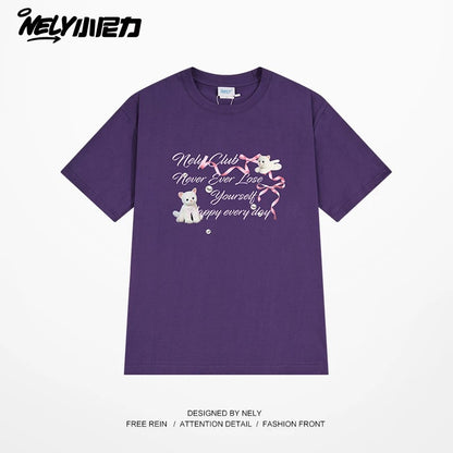 NELY American letter bow short-sleeved men's and women's design T-shirt pure cotton loose couple tops trendy