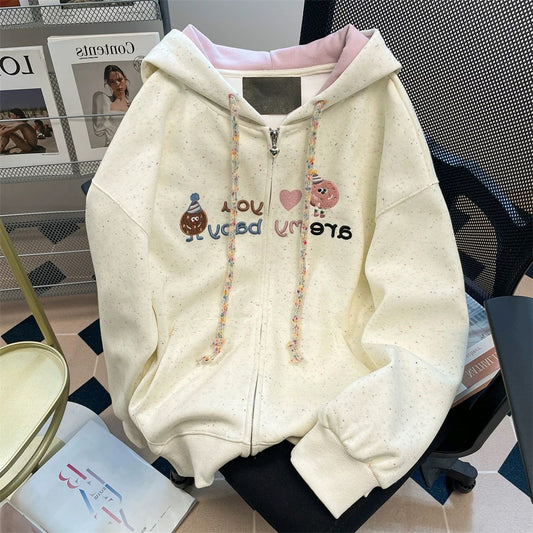 Design sense niche cartoon embroidery colorful dot sweatshirt men and women autumn and winter cute small hooded cardigan jacket