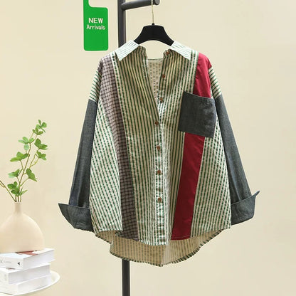 Designed spliced denim sleeve striped shirt for women 2024 spring new style literary style loose shirt long-sleeved top