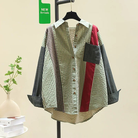 Designed spliced denim sleeve striped shirt for women 2024 spring new style literary style loose shirt long-sleeved top
