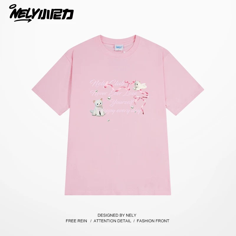 NELY American letter bow short-sleeved men's and women's design T-shirt pure cotton loose couple tops trendy