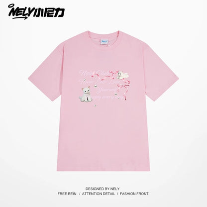 NELY American letter bow short-sleeved men's and women's design T-shirt pure cotton loose couple tops trendy