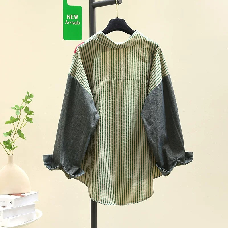 Designed spliced denim sleeve striped shirt for women 2024 spring new style literary style loose shirt long-sleeved top