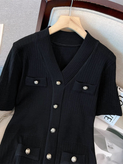 First-line brand discount women's clothing, ladylike temperament, V-neck fashionable thin breathable knitted hip-hugging dress