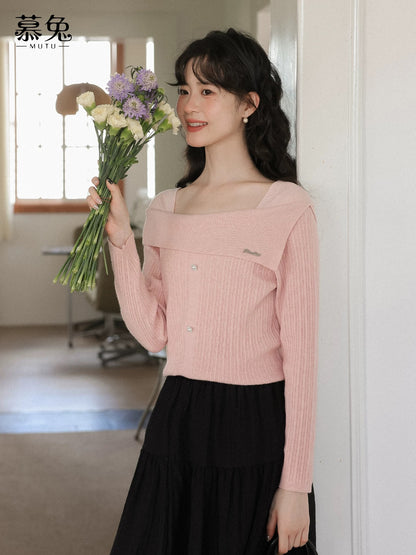 MuTu Sweet Pink Square Neck Long Sleeve Knitted T-Shirt for Women, Autumn 2025 New Style, Elegant Slim Fit, Slit Top