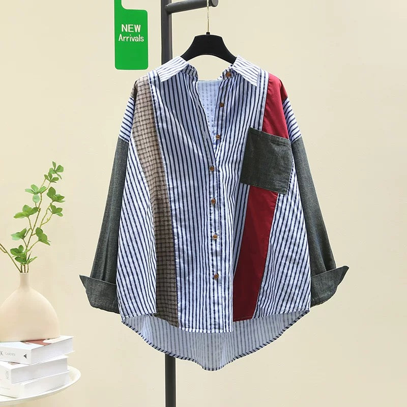 Designed spliced denim sleeve striped shirt for women 2024 spring new style literary style loose shirt long-sleeved top