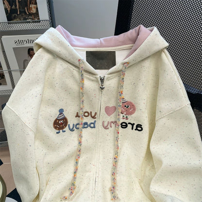 Design sense niche cartoon embroidery colorful dot sweatshirt men and women autumn and winter cute small hooded cardigan jacket