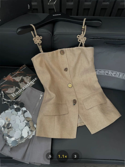 French retro strapless top, elegant and sexy style, 2025 summer braided-style camisole.