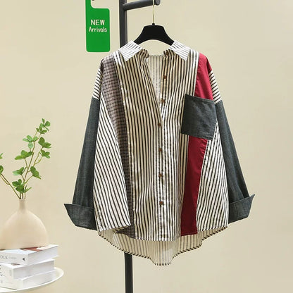 Designed spliced denim sleeve striped shirt for women 2024 spring new style literary style loose shirt long-sleeved top